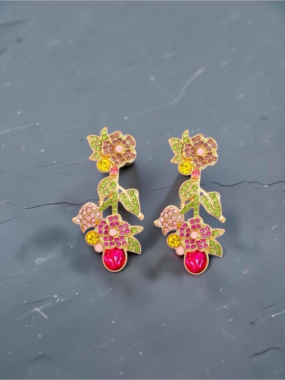 Leaf & Flower Stud Dangle Earrings Shiny Mixed Color Crystal - Picture 2 of 6